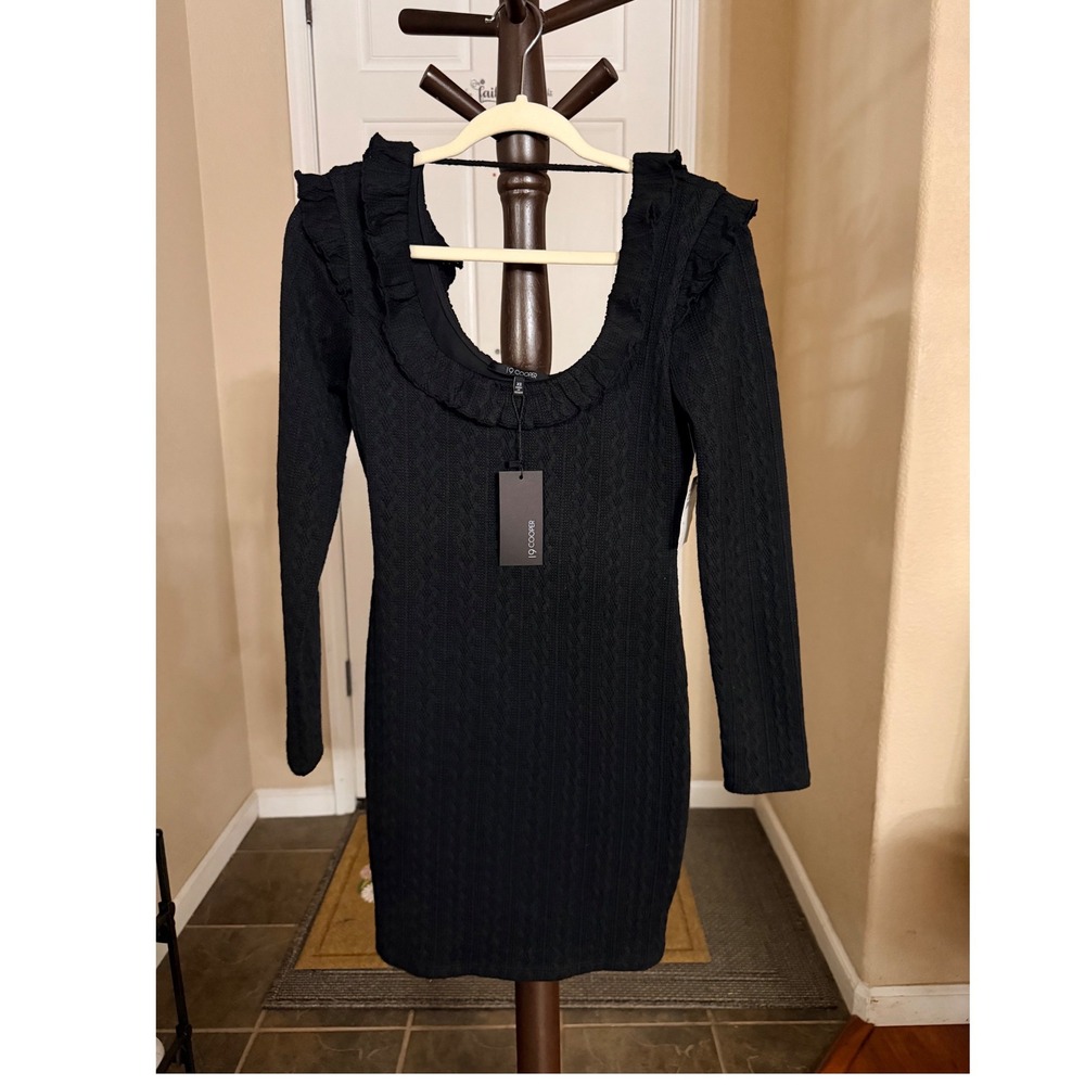 19 Cooper Black Cable Knit Ruffle Scoop Neck Long Sleeve Mini Dress XS NEW
